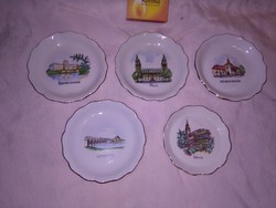 Five Budapest aquincum commemorative plates together - pécs, hortobágy, hévíz, gyula, székesfehérvár