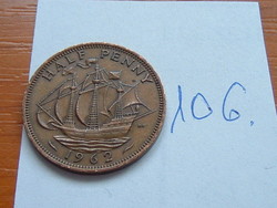 English England 1/2 half penny 1962 ii. Elizabeth Golden Hind Sailing Ship 106.