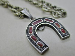 Special old thick silver necklace with enamel horseshoe pendant