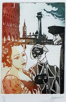 At the Venetian Carnival, etching, numbered