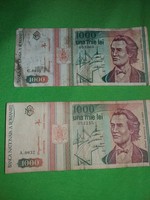 Régi 1993. május bankjegyek román 2 db 1000 lej, 2000 lej összértékben egyben a képek szerint