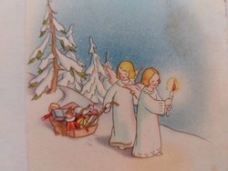 Régi karácsonyi képeslap 1950 rajzos levelezőlap angyalok játékok