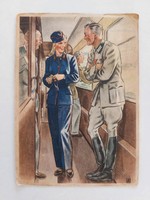 Régi képeslap 1945 művészrajz levelezőlap katona kalauz vonat