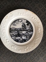 Francia 19. századi keménycserép, fajansz tányér, reliefes perem, Augusztus, aratás és szüret