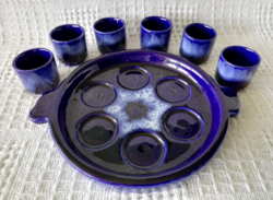 6 Eyes. Retro Bodrogkeresztúr glazed ceramic short drink set with tray