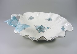 Herend, blue apponyi pattern hand-painted porcelain tray with butterfly 27 cm., Flawless! (B086)