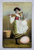 Antik francia Húsvéti üdvözlő fotó képeslap hölgy tojás barka