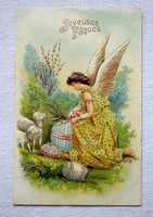 Antik dombornyomott Húsvéti üdvözlő képeslap angyal barkával bárányok tojás