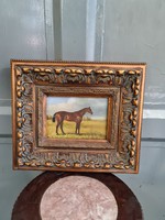Kis méretű lovas festmény, mezőn álló ló ábrázolás