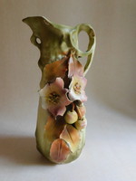 Antique jug vase with plastic flowers - small damages
