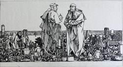 Copper engraving of Csaba Rékassy (1937-1989) entitled Conversations (1969) / 11.5x21.5 cm /