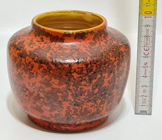 Tófej, barna, narancssárga mázas, kis henger kerámia váza (2189)