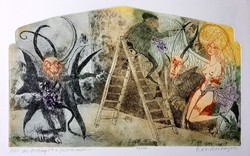 Kondor Lajos (1926-2006) Aki az ördögöt a falra festi (1970 körül) című rézkarca /28x46 cm/