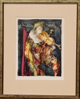 F.G.: Hegedűn játszó zenebohóc (Harlekin), 1979 - színes litográfia, XII/XXX, keretezve