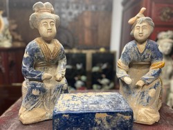 Kínai előkelő hölgyek mahjongoznak, hárommázas kerámia szobor pár, keleti, ázsiai, japán