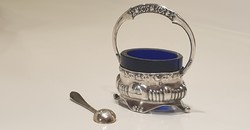 Silver caviar tray, caviar holder with silver spoon, cobalt blue removable glass insert