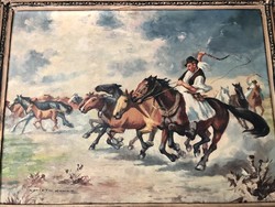 60X80-cm German Gyula oil painting with outlaw and horses