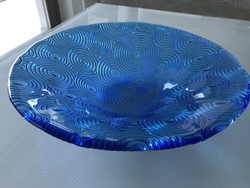 Modern glass bowl in cornflower blue with circle pattern, 30 cm in diameter