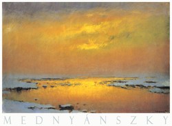 László Mednyánszky winter river, art poster, snowy river bank sunset classic Hungarian painters