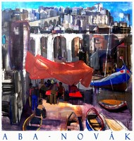 Aba-novák vilmos old seaside town 1930, art poster, mediterranean adriatic viaduct boats