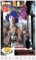 Aba-Novák Vilmos Laura 1930, művészeti plakát, női portré kék kalapban kávézó majom fiatal lány