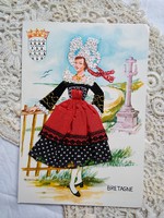 Vintage silk thread embroidered textile postcard in Brittany folk costume, 1970s