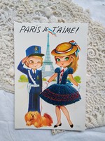 Vintage silk embroidered postcard, Paris eiffel tower, fashion, doggy, 70s
