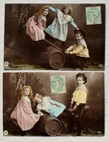 Antik üdvözlő fotó képeslap párban mérleghintázó gyerekek oranotypia