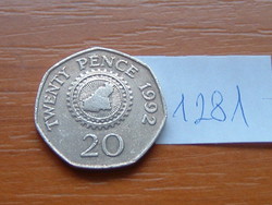 Guernsey 20 pence 1992 (Guernsey map) Copper-Nickel, Royal Mint, # 1281
