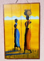 Afrikai batyus nők. Deszka lapokra festett kép. Kortárs művészi alkotás.