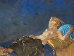 Lying female nude, blonde girl, blue background, watercolor art reprint erotic print