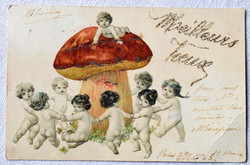 Antik üdvözlő litho glitteres  képeslap táncoló babák vargánya gomba lóhere