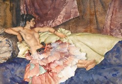Female nude, Creole latin girl on blue sofa, watercolor art reprint print