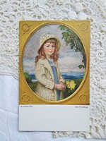 Antik német képeslap/művészlap, kislány kalapban, virággal 1910 körüli