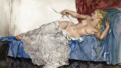 Fekvő női akt, kék kanapé, akvarellről készült művészeti reprint erotikus nyomat