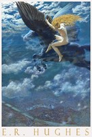 Edward Robert Hughes Valkyrie 1902 art poster, female nude night winged flying black horse pegasus
