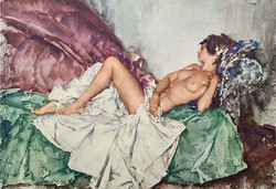 Lying female nude on green sofa, watercolor art reprint print