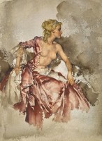 Sitting female nude, blonde girl, art reprint erotic print made from watercolor