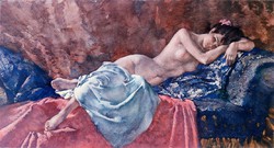 Lying female nude on blue-red sofa, watercolor art reprint print
