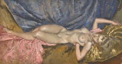 Fekvő női akt, arany drapéria, akvarellről készült művészeti reprint nyomat