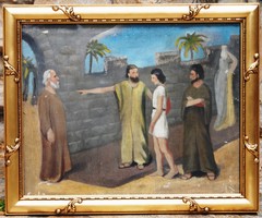 Magyar festő: Bibliai jelenet - olaj-vászon festmény, minőségi keretben