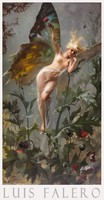 Luis falero butterfly lady 1888 painting art poster, standing female nude fantasy mythology fairy