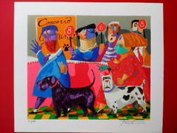 Signed, original work of Italian painter, sculptor, illustrator Pino Procopio. Dog exhibition / serigraphy