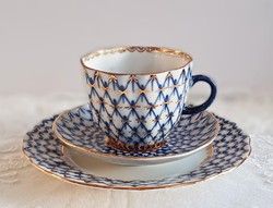 Kék mintás Lomonosov Imperial kávés csésze és alj és süteményes tányér