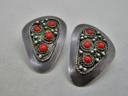 Beautiful handcrafted antique silver earrings / clip with real corals