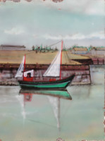 Tűzzománc festmény, XX sz első fele: Hajó a kikötőben