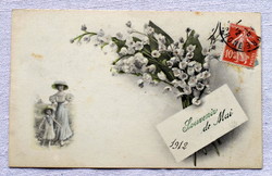 Antik VV Vienne grafikus Májusi üdvözlő  képeslap gyöngyvirág édesanya kislány