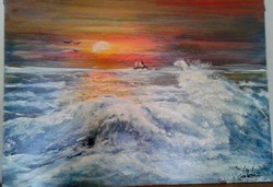 "Tengeri naplemente"festmény farostlemezen 54 xcm 40-es
