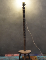 Rustic peasant carved floor lamp recycled, with textile cable, antique bulb socket