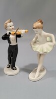Hollóházi hegedűs fiú és táncoló balerina kislány porcelán figura